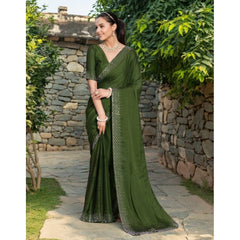 Mayawye Women's Rangoli Diamond Weaving - Stone Work Saree With Unstitched Blouse 5.5Mtr (Mahendi)