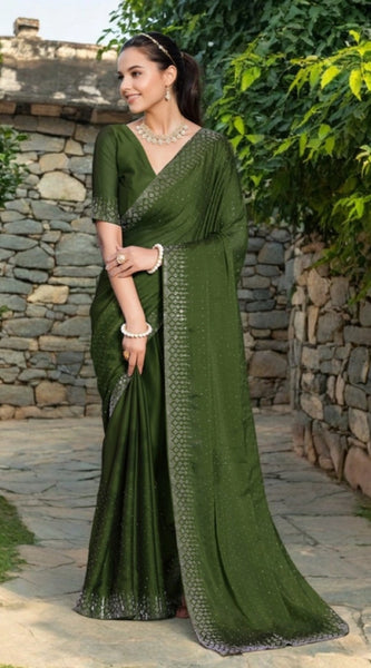 Mayawye Women's Rangoli Diamond Weaving - Stone Work Saree With Unstitched Blouse 5.5Mtr (Mahendi)