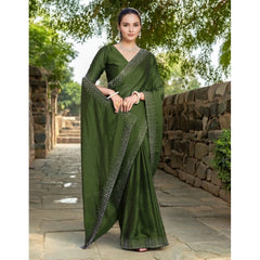 Mayawye Women's Rangoli Diamond Weaving - Stone Work Saree With Unstitched Blouse 5.5Mtr (Mahendi)