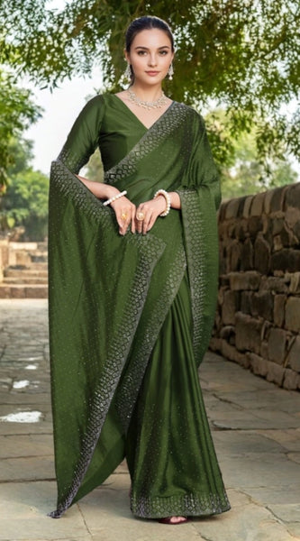 Mayawye Women's Rangoli Diamond Weaving - Stone Work Saree With Unstitched Blouse 5.5Mtr (Mahendi)