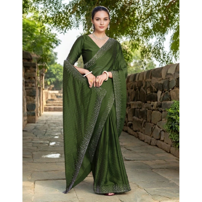 Mayawye Women's Rangoli Diamond Weaving - Stone Work Saree With Unstitched Blouse 5.5Mtr (Mahendi)