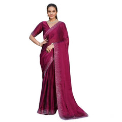 Mayawye Women's Rangoli Diamond Weaving - Stone Work Saree With Unstitched Blouse 5.5Mtr (Maroon)