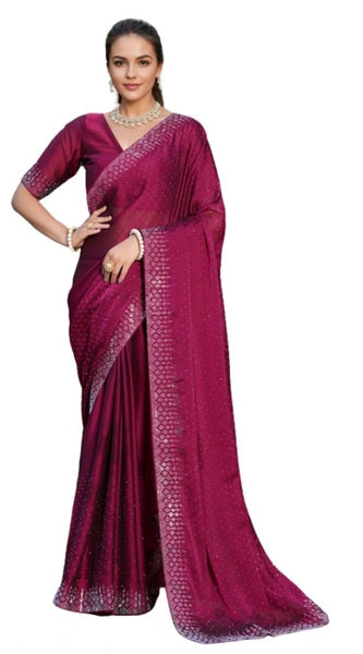 Mayawye Women's Rangoli Diamond Weaving - Stone Work Saree With Unstitched Blouse 5.5Mtr (Maroon)