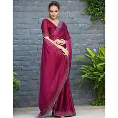 Mayawye Women's Rangoli Diamond Weaving - Stone Work Saree With Unstitched Blouse 5.5Mtr (Maroon)
