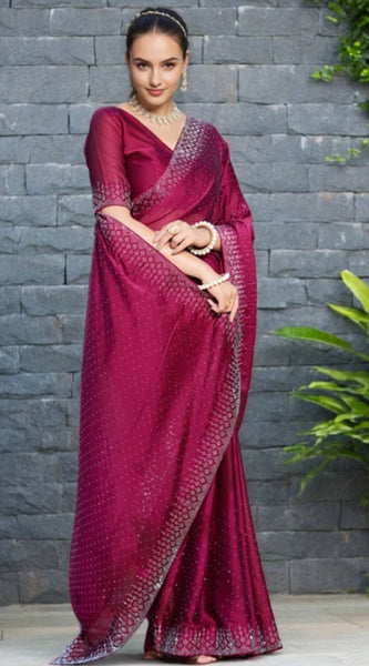 Mayawye Women's Rangoli Diamond Weaving - Stone Work Saree With Unstitched Blouse 5.5Mtr (Maroon)