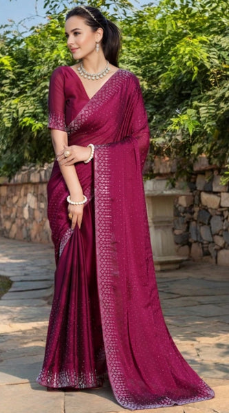 Mayawye Women's Rangoli Diamond Weaving - Stone Work Saree With Unstitched Blouse 5.5Mtr (Maroon)