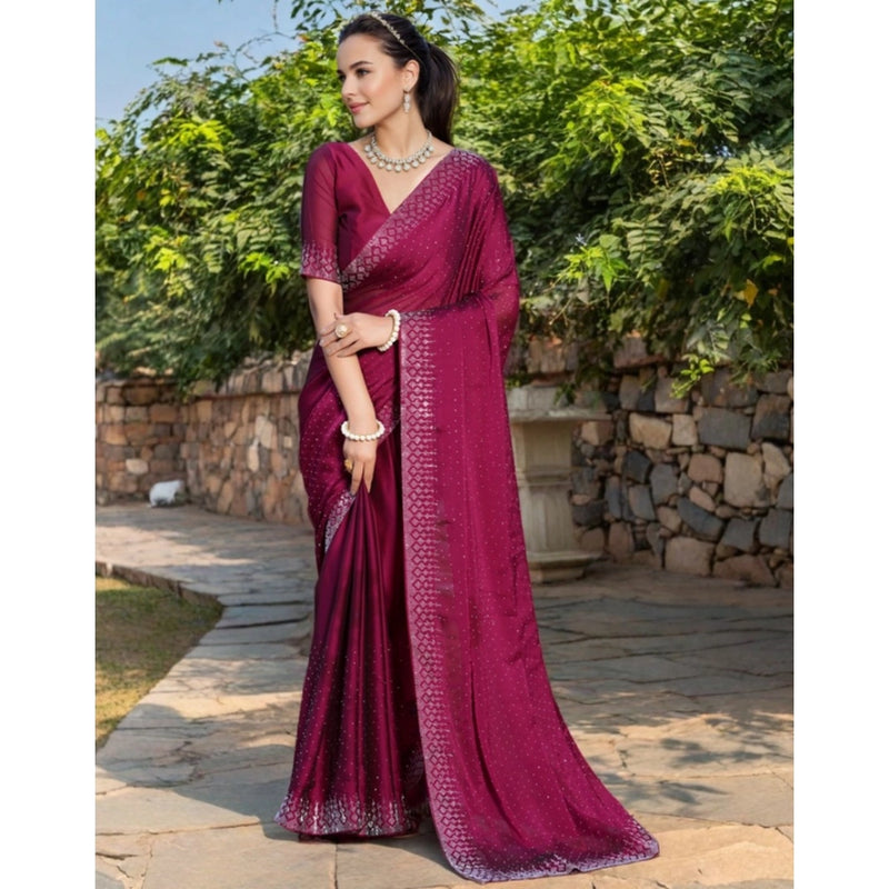 Mayawye Women's Rangoli Diamond Weaving - Stone Work Saree With Unstitched Blouse 5.5Mtr (Maroon)