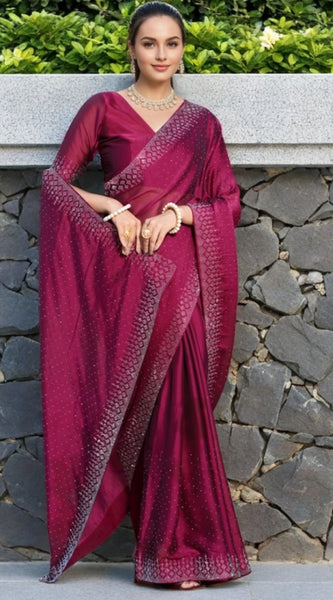Mayawye Women's Rangoli Diamond Weaving - Stone Work Saree With Unstitched Blouse 5.5Mtr (Maroon)