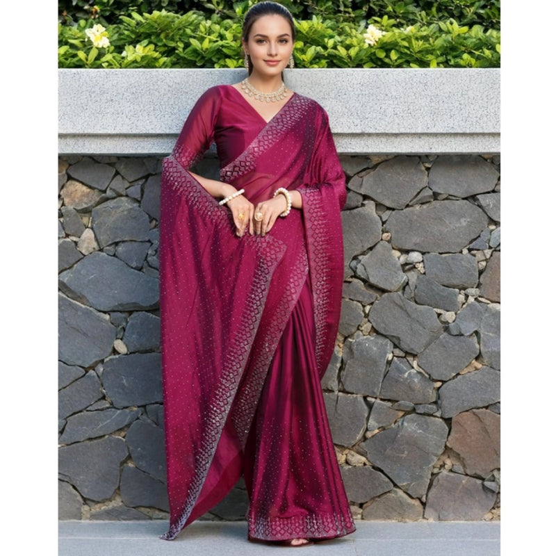 Mayawye Women's Rangoli Diamond Weaving - Stone Work Saree With Unstitched Blouse 5.5Mtr (Maroon)