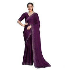 Mayawye Women's Rangoli Diamond Weaving - Stone Work Saree With Unstitched Blouse 5.5Mtr (Purple)