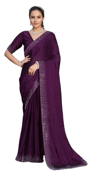 Mayawye Women's Rangoli Diamond Weaving - Stone Work Saree With Unstitched Blouse 5.5Mtr (Purple)