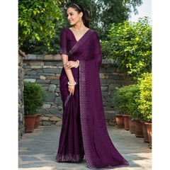 Mayawye Women's Rangoli Diamond Weaving - Stone Work Saree With Unstitched Blouse 5.5Mtr (Purple)