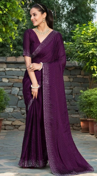 Mayawye Women's Rangoli Diamond Weaving - Stone Work Saree With Unstitched Blouse 5.5Mtr (Purple)