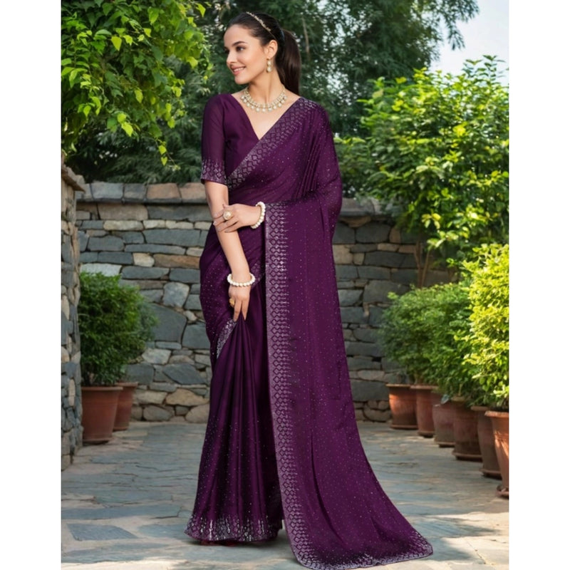 Mayawye Women's Rangoli Diamond Weaving - Stone Work Saree With Unstitched Blouse 5.5Mtr (Purple)