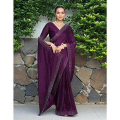 Mayawye Women's Rangoli Diamond Weaving - Stone Work Saree With Unstitched Blouse 5.5Mtr (Purple)