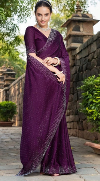 Mayawye Women's Rangoli Diamond Weaving - Stone Work Saree With Unstitched Blouse 5.5Mtr (Purple)