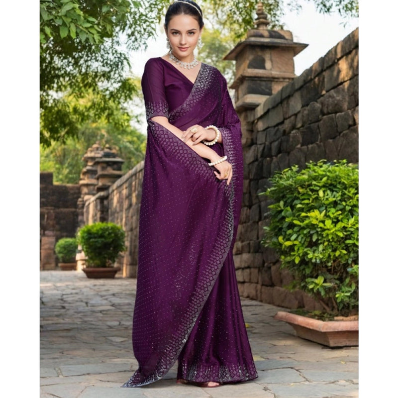 Mayawye Women's Rangoli Diamond Weaving - Stone Work Saree With Unstitched Blouse 5.5Mtr (Purple)