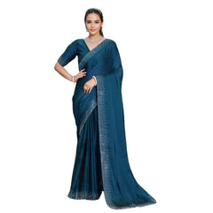 Mayawye Women's Rangoli Diamond Weaving - Stone Work Saree With Unstitched Blouse 5.5Mtr (Teal)