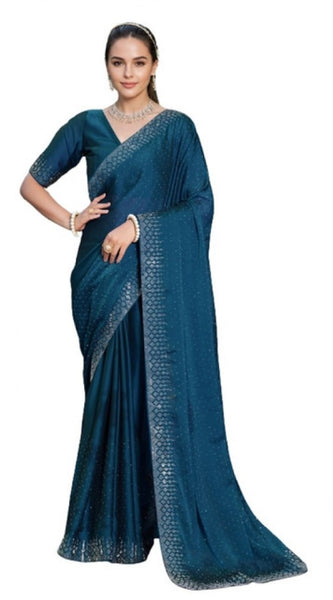 Mayawye Women's Rangoli Diamond Weaving - Stone Work Saree With Unstitched Blouse 5.5Mtr (Teal)