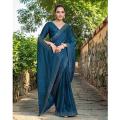 Mayawye Women's Rangoli Diamond Weaving - Stone Work Saree With Unstitched Blouse 5.5Mtr (Teal)
