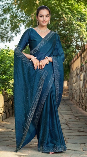 Mayawye Women's Rangoli Diamond Weaving - Stone Work Saree With Unstitched Blouse 5.5Mtr (Teal)