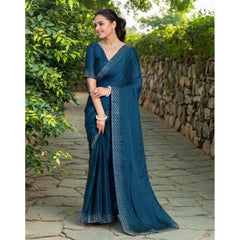 Mayawye Women's Rangoli Diamond Weaving - Stone Work Saree With Unstitched Blouse 5.5Mtr (Teal)