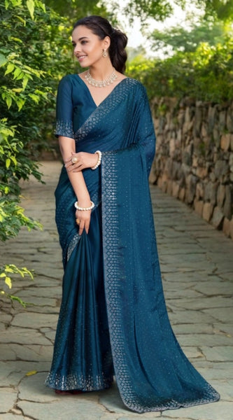 Mayawye Women's Rangoli Diamond Weaving - Stone Work Saree With Unstitched Blouse 5.5Mtr (Teal)