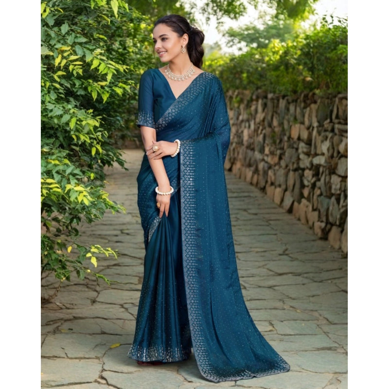 Mayawye Women's Rangoli Diamond Weaving - Stone Work Saree With Unstitched Blouse 5.5Mtr (Teal)
