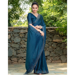Mayawye Women's Rangoli Diamond Weaving - Stone Work Saree With Unstitched Blouse 5.5Mtr (Teal)