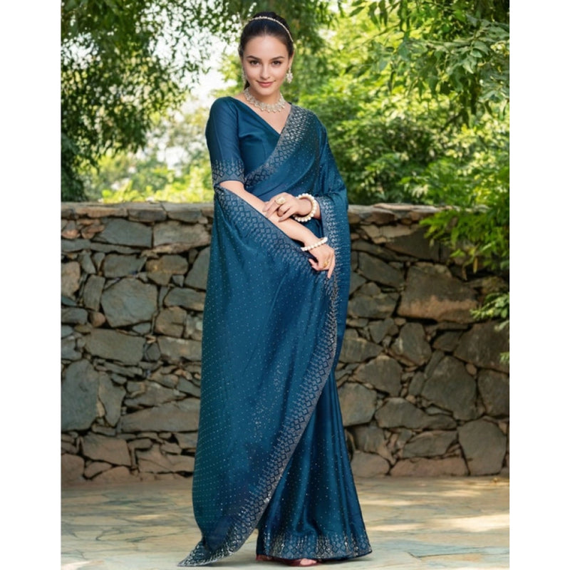 Mayawye Women's Rangoli Diamond Weaving - Stone Work Saree With Unstitched Blouse 5.5Mtr (Teal)