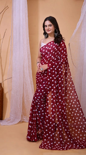 Mayawye Women's Georgette Printed Saree With Unstitched Blouse 5.5Mtr (Maroon)