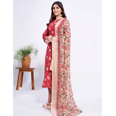 Mayawye Women's Cotton Blend Printed Kurti With Pant Dupatta Set (Red)