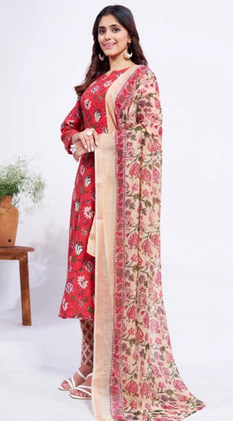 Mayawye Women's Cotton Blend Printed Kurti With Pant Dupatta Set (Red)