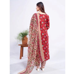 Mayawye Women's Cotton Blend Printed Kurti With Pant Dupatta Set (Red)