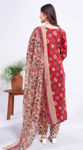 Mayawye Women's Cotton Blend Printed Kurti With Pant Dupatta Set (Red)