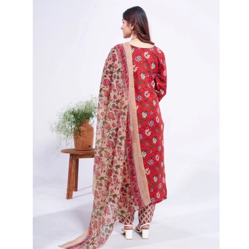 Mayawye Women's Cotton Blend Printed Kurti With Pant Dupatta Set (Red)