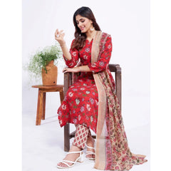 Mayawye Women's Cotton Blend Printed Kurti With Pant Dupatta Set (Red)