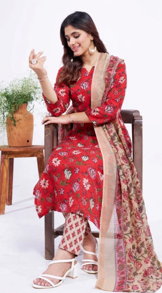 Mayawye Women's Cotton Blend Printed Kurti With Pant Dupatta Set (Red)