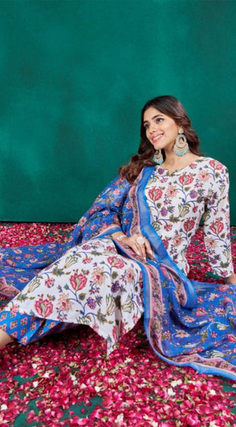Mayawye Women's Cotton Blend Printed Kurti With Pant Dupatta Set (Multicolor)