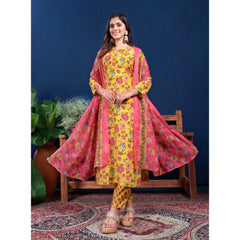 Mayawye Women's Cotton Blend Printed Kurti With Pant Dupatta Set (Yellow)