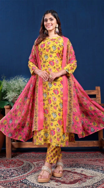 Mayawye Women's Cotton Blend Printed Kurti With Pant Dupatta Set (Yellow)
