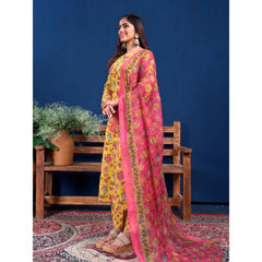 Mayawye Women's Cotton Blend Printed Kurti With Pant Dupatta Set (Yellow)