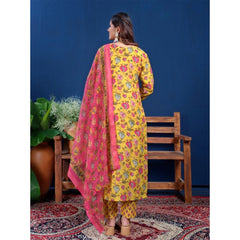Mayawye Women's Cotton Blend Printed Kurti With Pant Dupatta Set (Yellow)