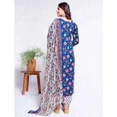 Mayawye Women's Cotton Blend Printed Kurti With Pant Dupatta Set (Blue)