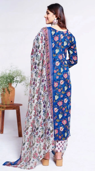 Mayawye Women's Cotton Blend Printed Kurti With Pant Dupatta Set (Blue)
