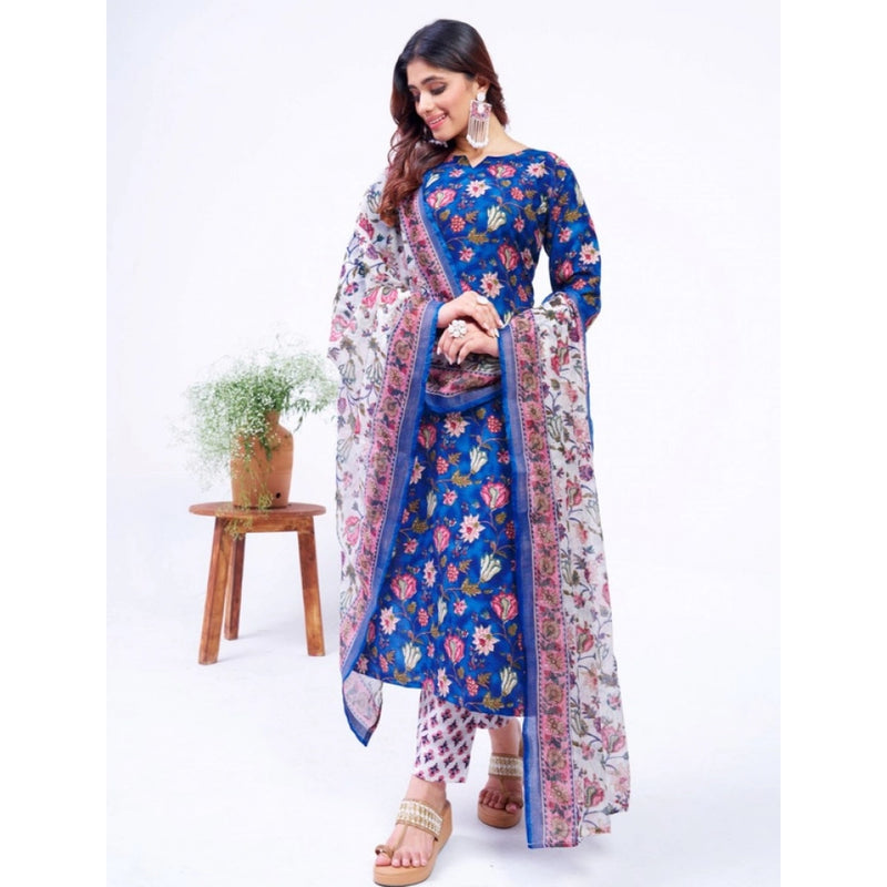 Mayawye Women's Cotton Blend Printed Kurti With Pant Dupatta Set (Blue)