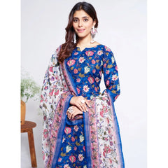 Mayawye Women's Cotton Blend Printed Kurti With Pant Dupatta Set (Blue)