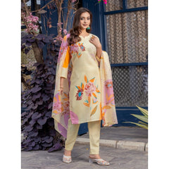 Mayawye Women's Cotton Blend Printed Kurti With Pant Dupatta Set (Cream)