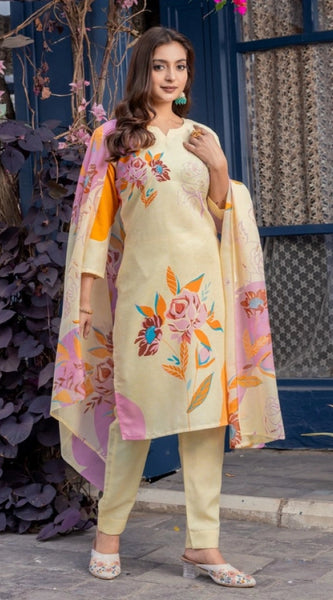 Mayawye Women's Cotton Blend Printed Kurti With Pant Dupatta Set (Cream)