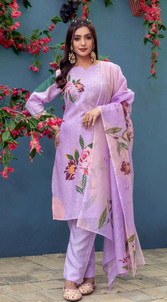 Mayawye Women's Cotton Blend Printed Kurti With Pant Dupatta Set (Lavender)